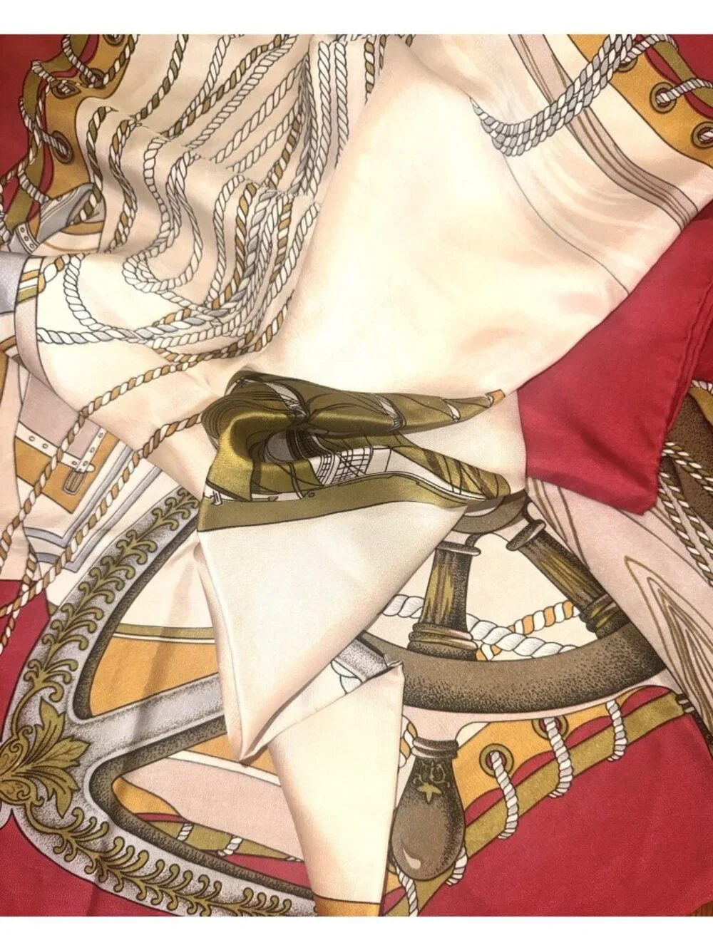 Vtg NAUTICAL SILK SCARF Ship Sailing Anchor Pulley Rope Red Gold White - 30